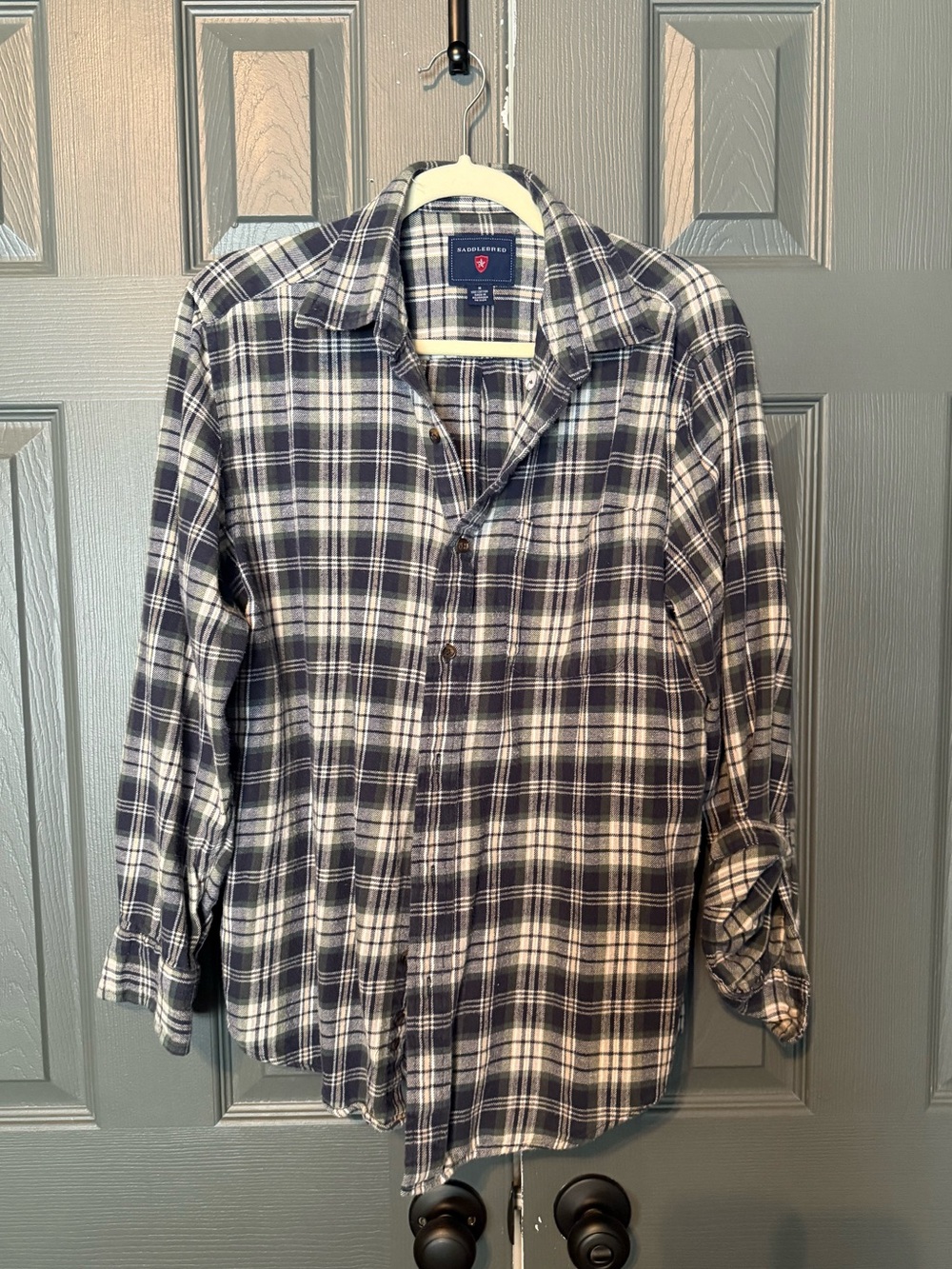 Men’s green, navy white & tan plaid button-up shirt